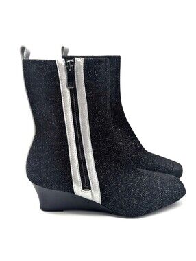 VIVAIA Metallic Black Micaela Square Toe Wedge Boots Knit Futuristic EU 38